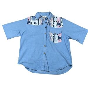 Fits Like Large – Vintage Light Blue Button-Up Shirt with Aztec‎ Print Accents